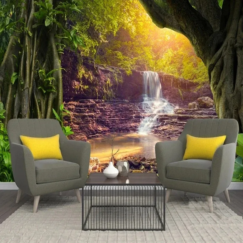 Custom Wallpaper Forest Waterfall Scenery Photo Wall Mural Living Room TV Sofa Restaurant Background Home Decor Wall Painting