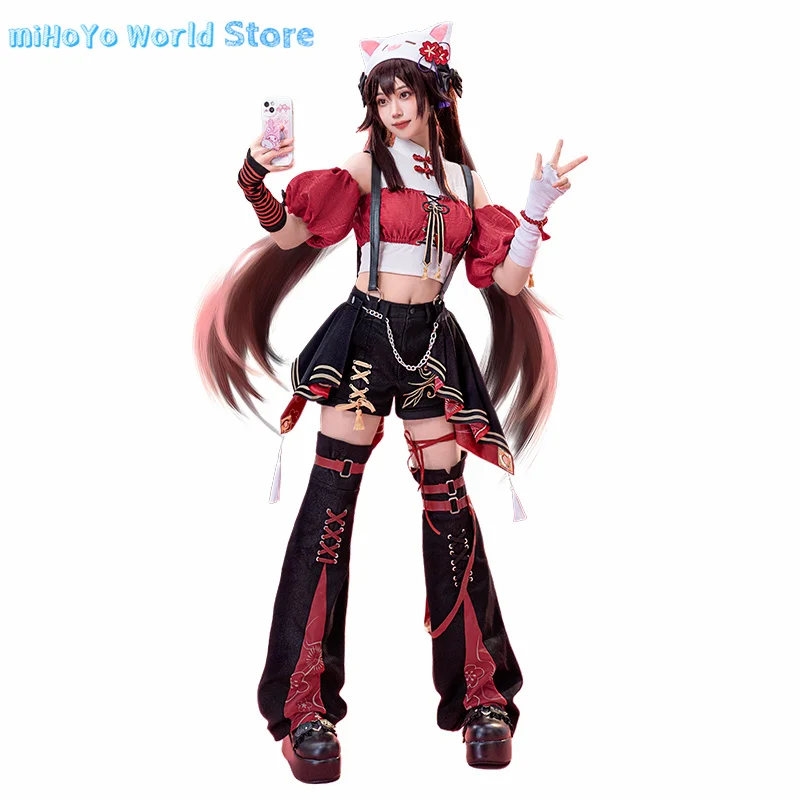 Meow House Genshin Impact Hu Tao Strap Pants Set Cosplay Daily Doujin Costume Casual Cute HuTao Uniform Comic Con regali di compleanno