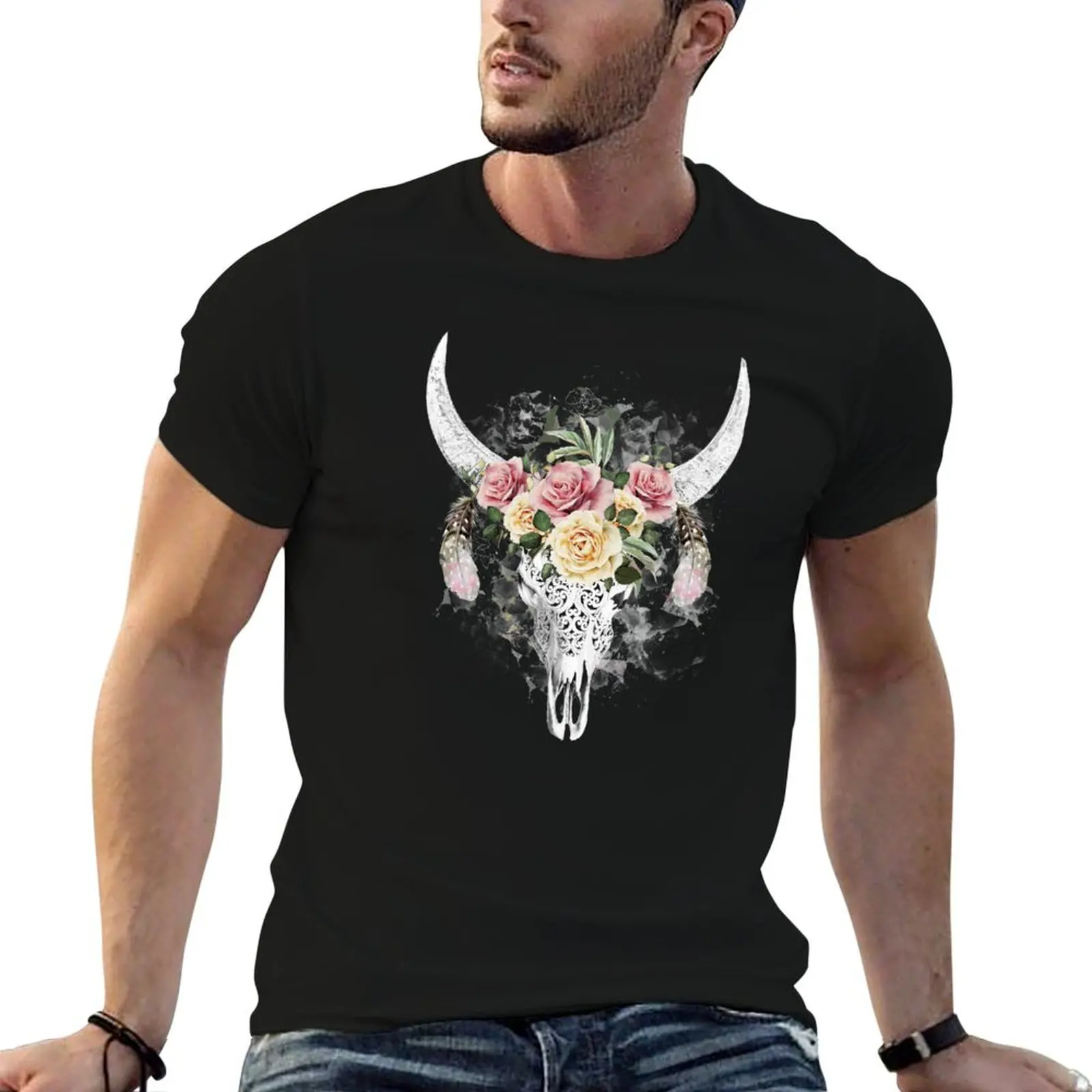 Watercolor Skull and Crown pink yellow rose and feathers T-Shirt Minimal Art Print T-Shirt