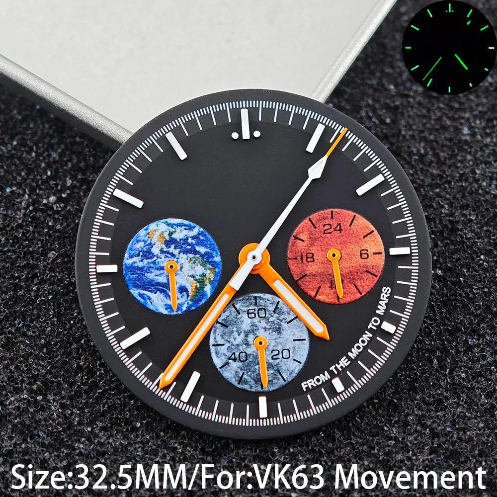 32,5mm Grün Leuchtendes VK63 Chronographen-Zifferblatt & Zeiger, Weiß-Blaues Zifferblatt Passend für VK63 Quarz Speed Master Uhr Ersatzteile – Detail 5