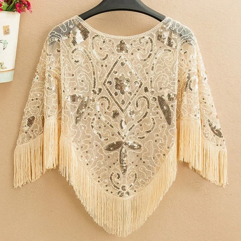 New Women's Tassel Decor Shawl Wedding Top Sequined Glittering 1920s Scarf Mesh Sequin Wedding Cape Fringed Evening Shawl Wrap