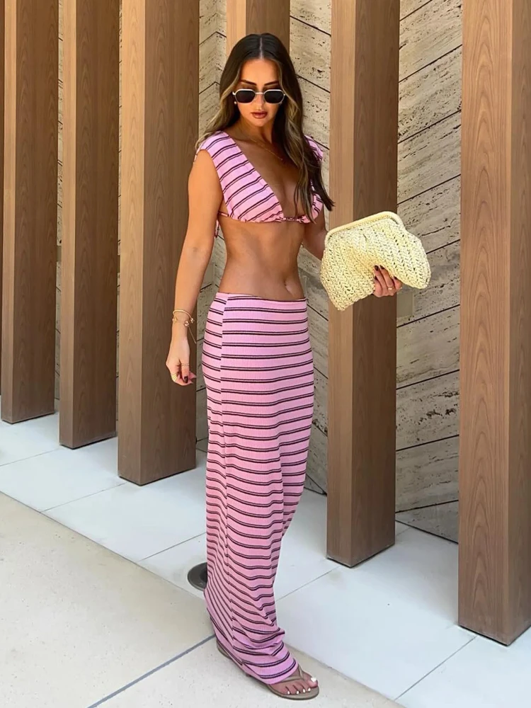 

Sexy Knit Swimsuit Cover Up Set 2025 Summer Women Striped V Neck Lace-up Slim Top Low Waist Beach Half Skirt Two-piece Sets C23