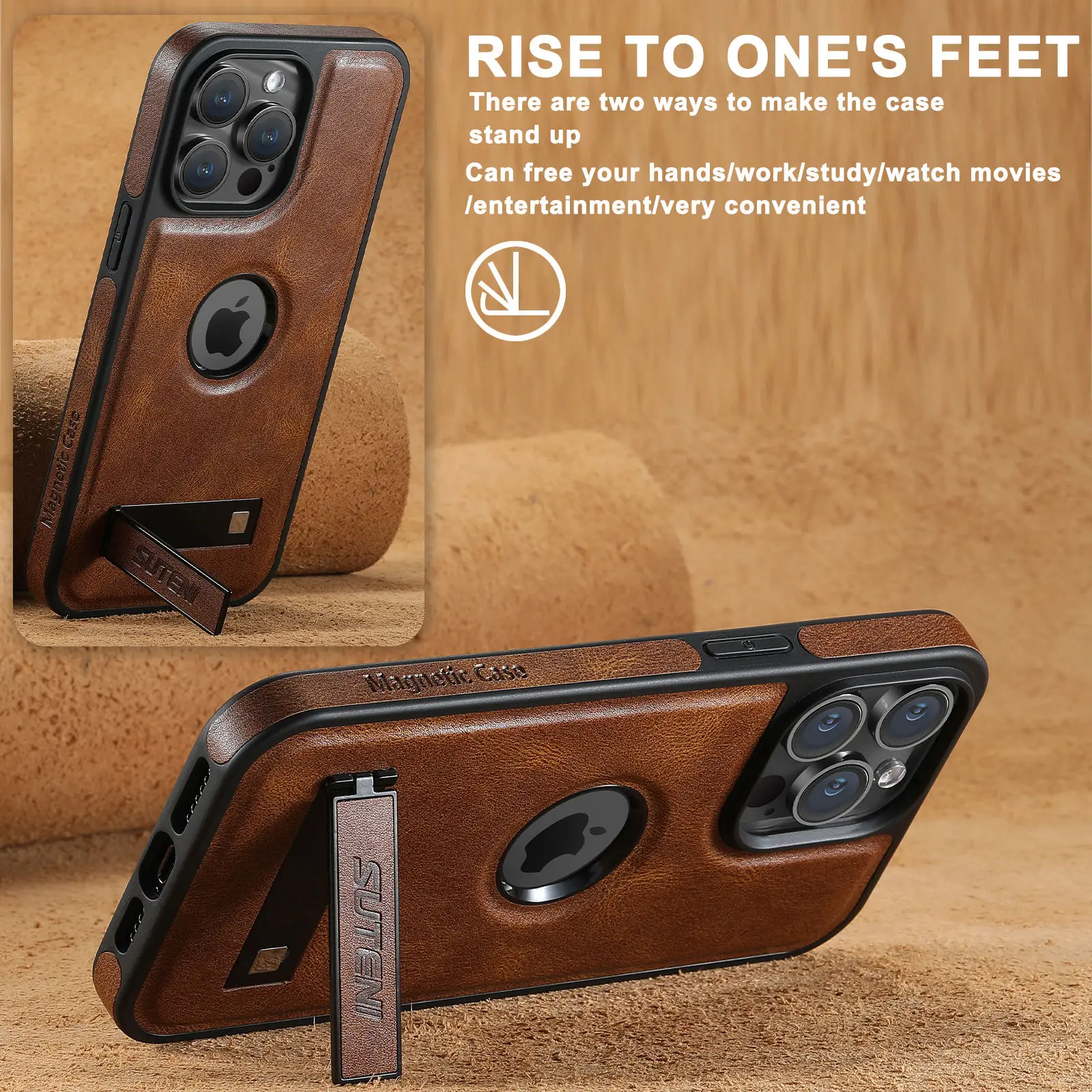 For iPhone 18 Pro 17 16 15 14 13 12 Pro Max Leather Case with Mag-safe Built-in Invisible Stand Protective Slim Kickstand Cover