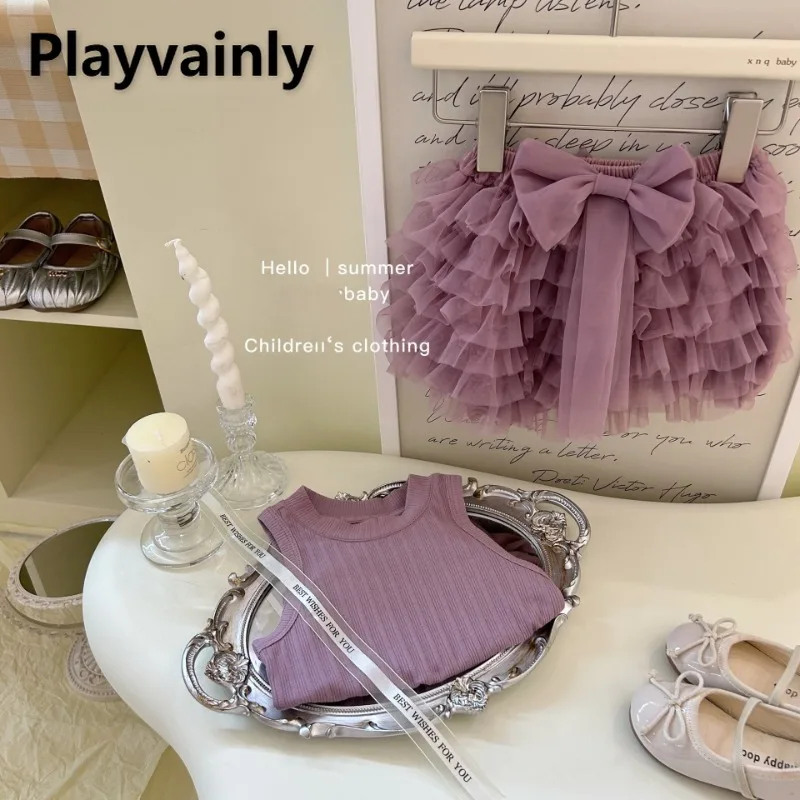 

Girls' Summer Set Purple Round Neck Sleeveless Vest Big Bow Mesh Tutu Skirt White Hollow Out Socks Fashion Child Clothes A4070
