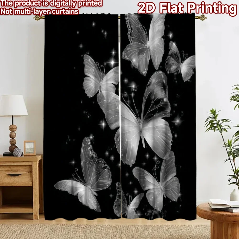 Luxurious Butterfly Galaxy Curtains Pair 2pcs Black Print Drapes for Bedroom Window Home Decor Living Room Design