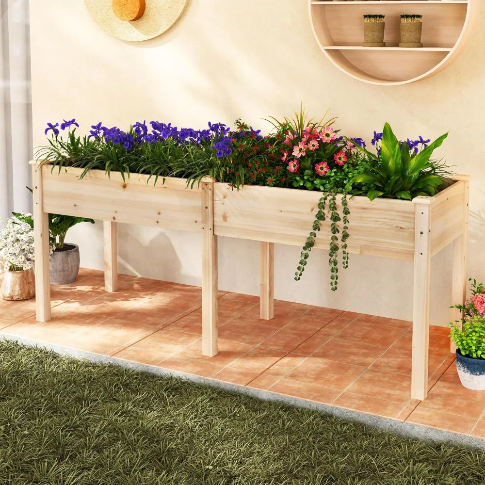 

Raised Garden Bed with Legs, Elevated Planter Box with Divider & 8 Drainage Holes, Fir Wood Garden Box for Vegetables, Flowers,