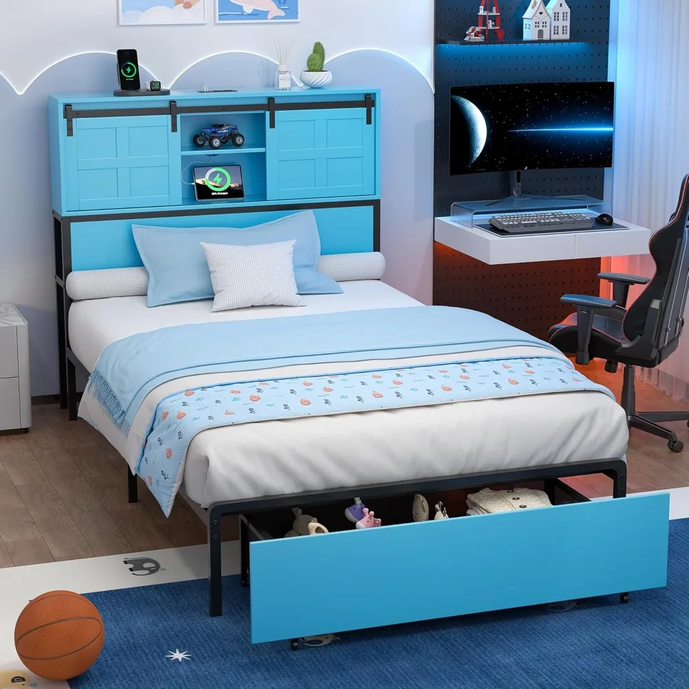 

Twin Size Bed Frame with Storage Headboard & Drawer, 3-in-1 Charging Station, Farmhouse Style, Metal Slats Support, No Box Sprin
