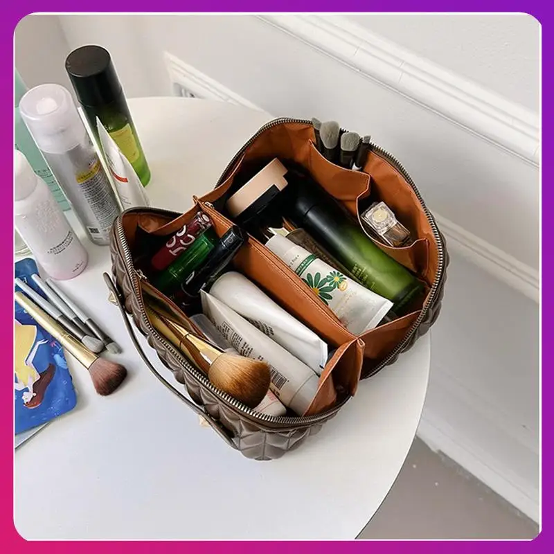 

ABKL-Leather Travel Makeup Bag Large Capacity Toiletry Bag Organizer For Women With Waterproof Interior Pocket, Easy To Use Whit