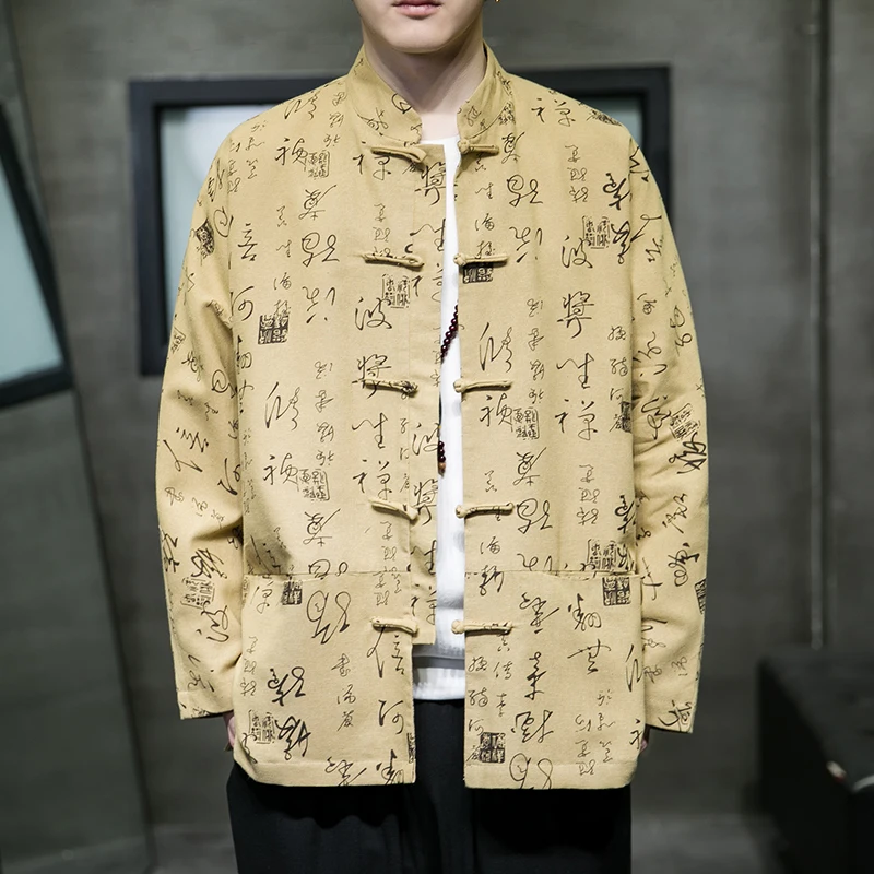 

Chinese Style Men Clothing Spring Summer Cotton Linen Jackets for Men Chinese Character Print Jackets y2k Tang Suit Hanfu Coat