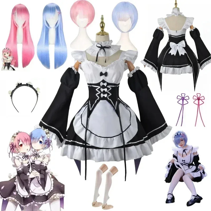 

123Anime Ram Rem Lolita Maid Cosplay Re Life in Another World from Zero Costumes Women Loli Dress Halloween Party Outfit