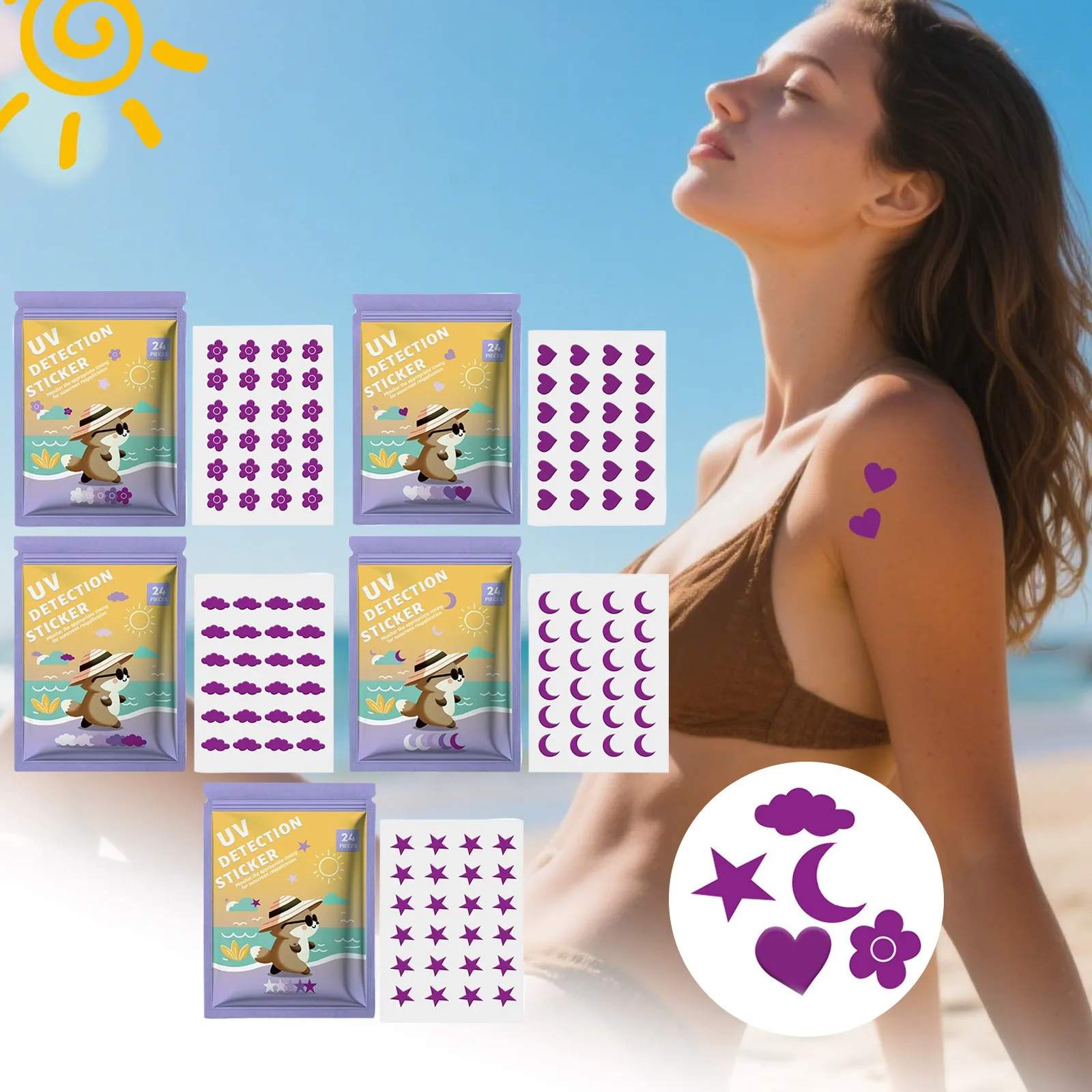 

24 шт. УФ-наклейки, солнцезащитные патчи, уличные УФ-наклейки для обнаружения, защитные фотохромные патчи для летнего и пляжного отдыха