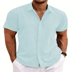 Men's Business Shirt Short Sleeve Hidden Buttons Summer Solid Color Linen Fashion High-Quality Slim-Fit Cardigan