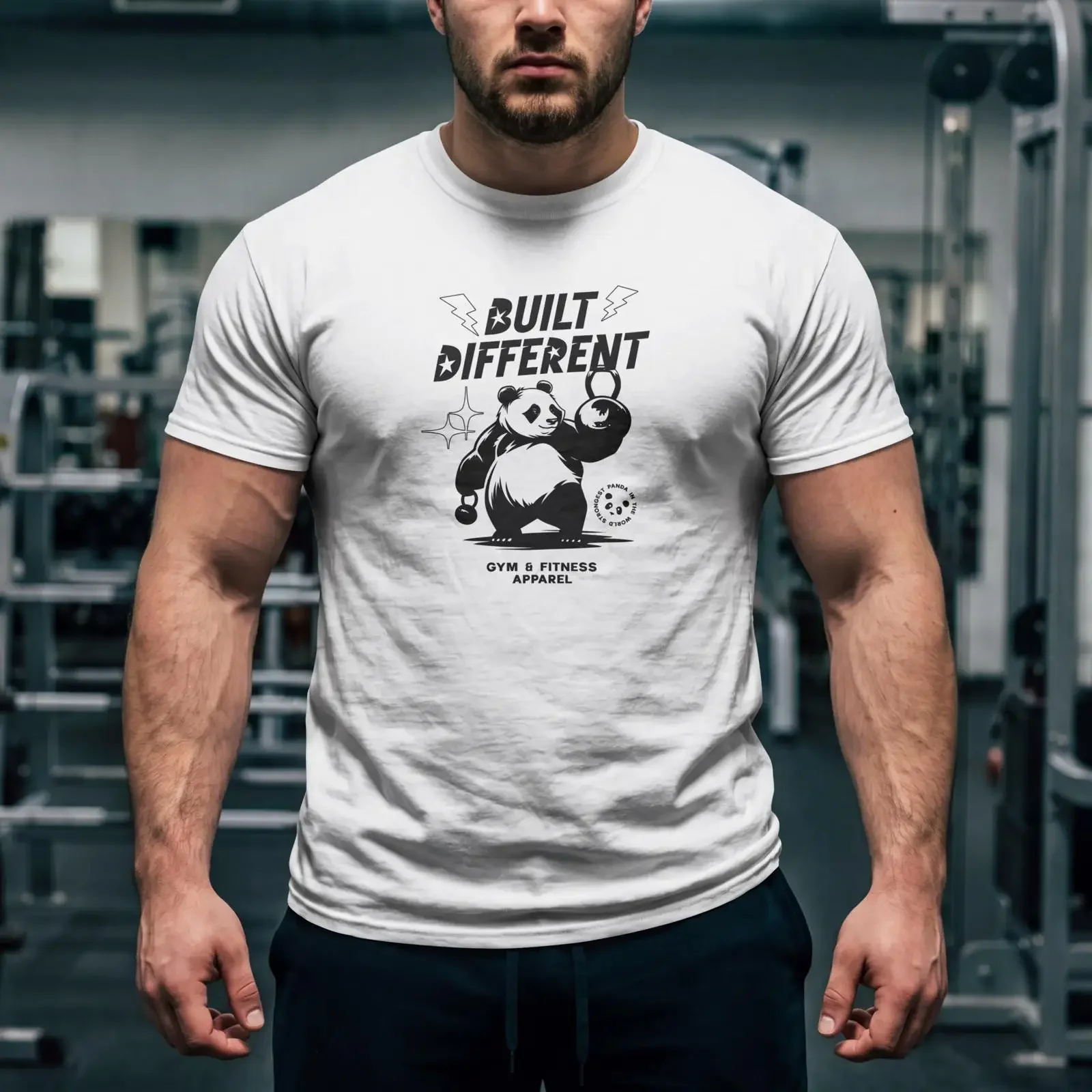 Built Different Funny Kettlebell Panda Weightlifter T Shirt Casual Gym Workout Fitness for Strength Athletes vintage Washed