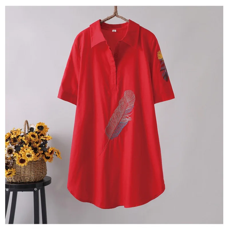 2025 Summer New Size Feather Embroidered Short Sleeve Shirt Retro Art Long Top Hooded Tops For Women