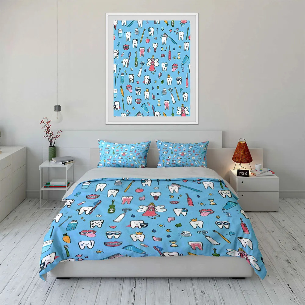 

Dental Care Cartoon Set Decor Multiple sizes kid's and adults' bedroom Exquisite 3PC bedding set, gift