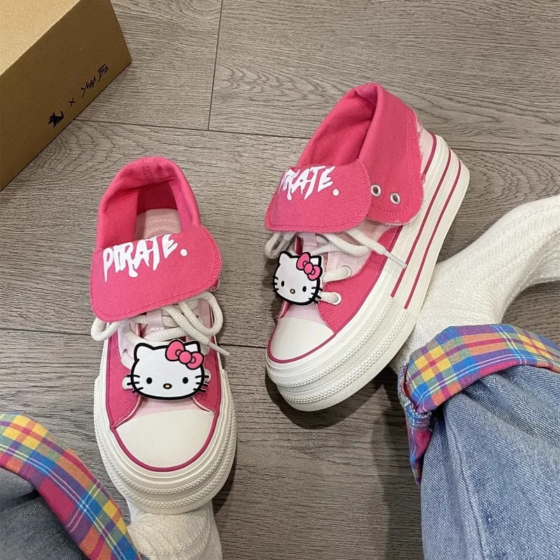 New anime Hello Kitty strappy breathable women's thick-soled non-slip wear-resistant cute casual sports high-top canvas shoes