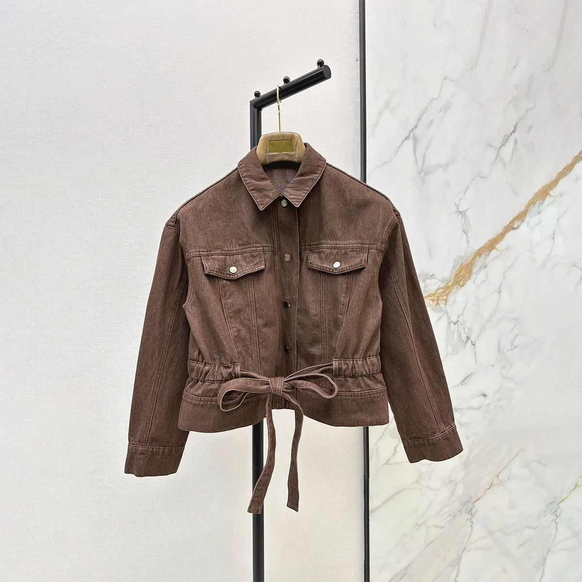 2026 High Quality Women's Waist Strap Brown Denim Short Coat26928171