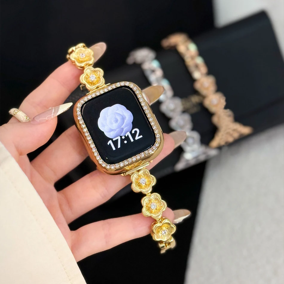 Bracelet en zircon avancé pour Apple iWatch Series 9 8 7 6 5 4 3 SE Ultra 2 Bracelets de luxe à fleurs en cuivre Bracelet de montre 38 mm 40 mm 41 mm 44 mm 42 mm 45 mm 49 mm