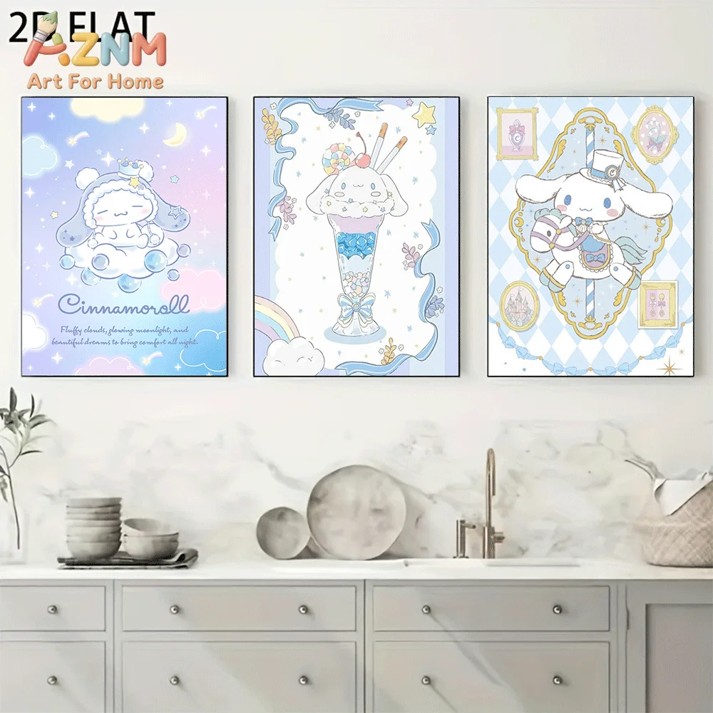 AZNM Cinnamoroll Canvas Wall Art Unframed Cute Cartoon Print Poster Moon Star Milkshake Carousel Horse Design for Girls Bedroom