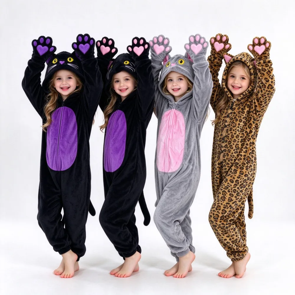 Toddler Animal Cat Kigurumi Onesie, Kids Flannel Hooded Sleepwear With Cat Tail Paw, Halloween Carnival Cosplay Costume Pyjamas