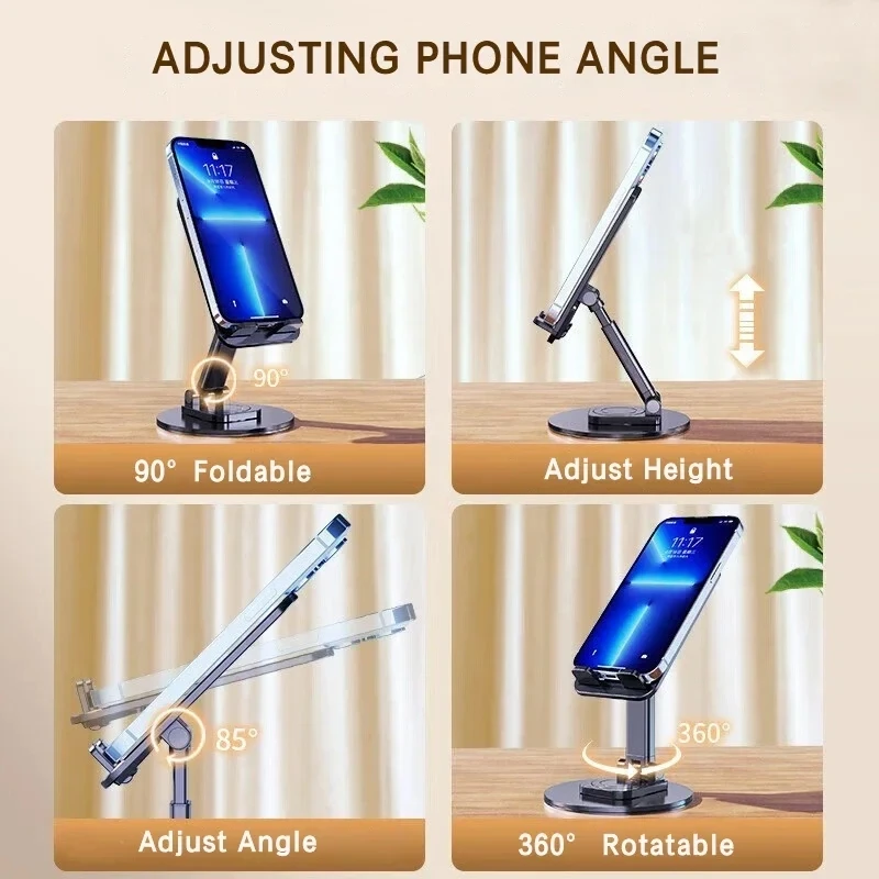 Universal Phone Stand On Desk 360° Rotating Multi-Angle Non-Slip Metal Base Foldable For Office,For iPhoneXiaomi Samsung