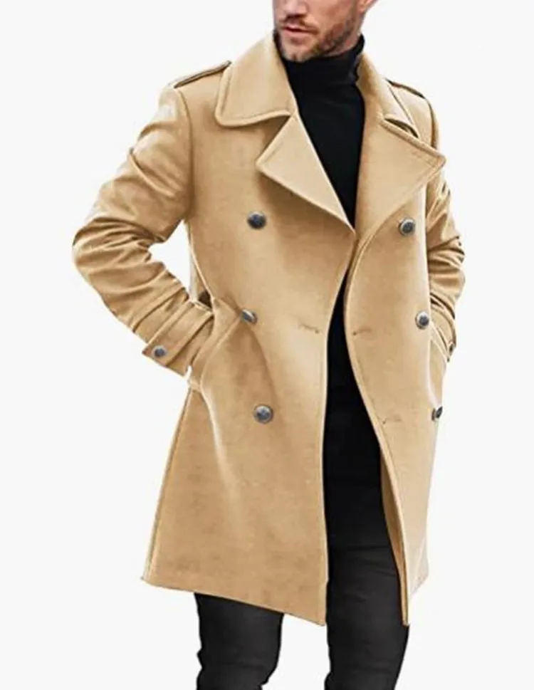 New Men's Woolen Coats Lapel Long Coat Jackets Double-breasted Solid Color Overcoat Autumn Winter Thick Long Trench Coat Outwear