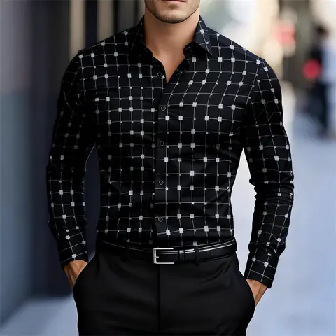 Men's stylish geometric square print long-sleeved shirt, slim fit business casual shirt, trendy new style from AliExpress.