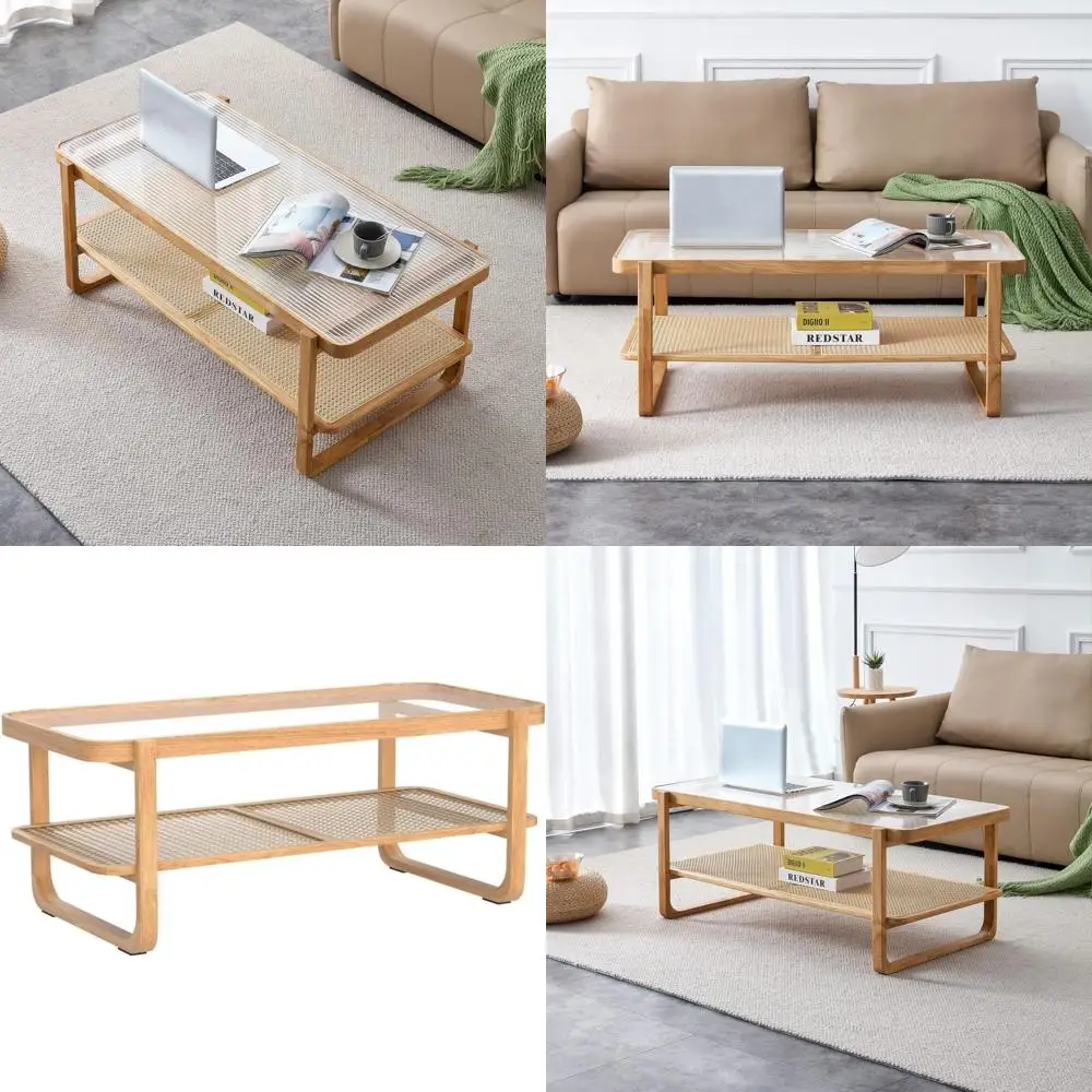 

Деревянный журнальный столик для гостиной из закаленного стекла и полкой для хранения в стиле ротанга