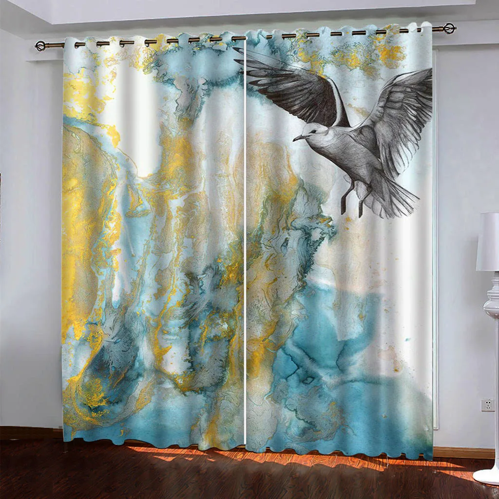 HUANZHUANG Bedroom Curtains Hummingbird Gold Texture Rod Pocket Wooden Door Printed Living Room Curtain For Home Decor Treatment