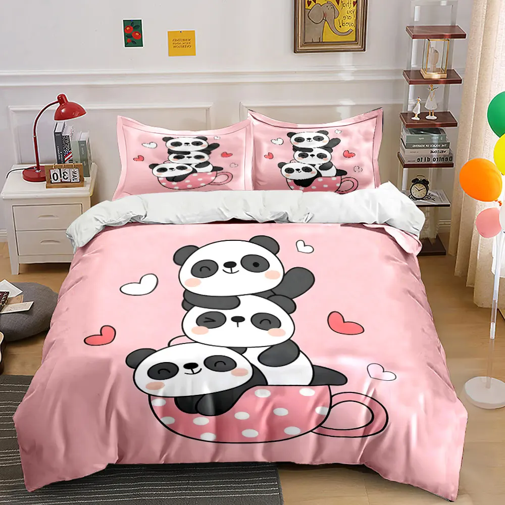 Three adorable pandas in teacup Bedding Set for Kids Luxury Gift 3pcs Digital Print Comforter Set Soft Comfortable Breathable