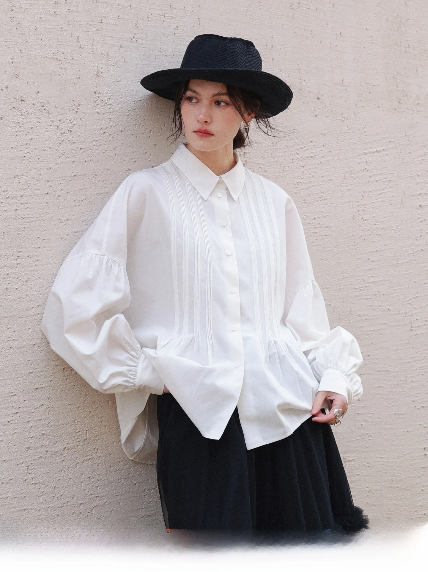 

Loose Fit Cotton irt with Lantern Sves Stand Collar Open Cardigan Sle Casual Breathable Women's Faion Spring irt