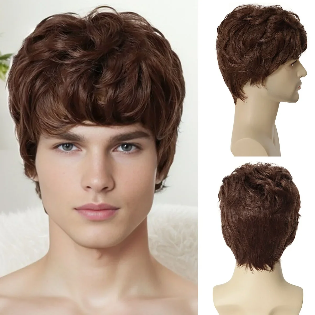 Synthetic Short Wigs for Men Brown Curly Haircuts Natural Casual Daily Hair Replacement Wigs with Bangs Father Days Gifts Cool