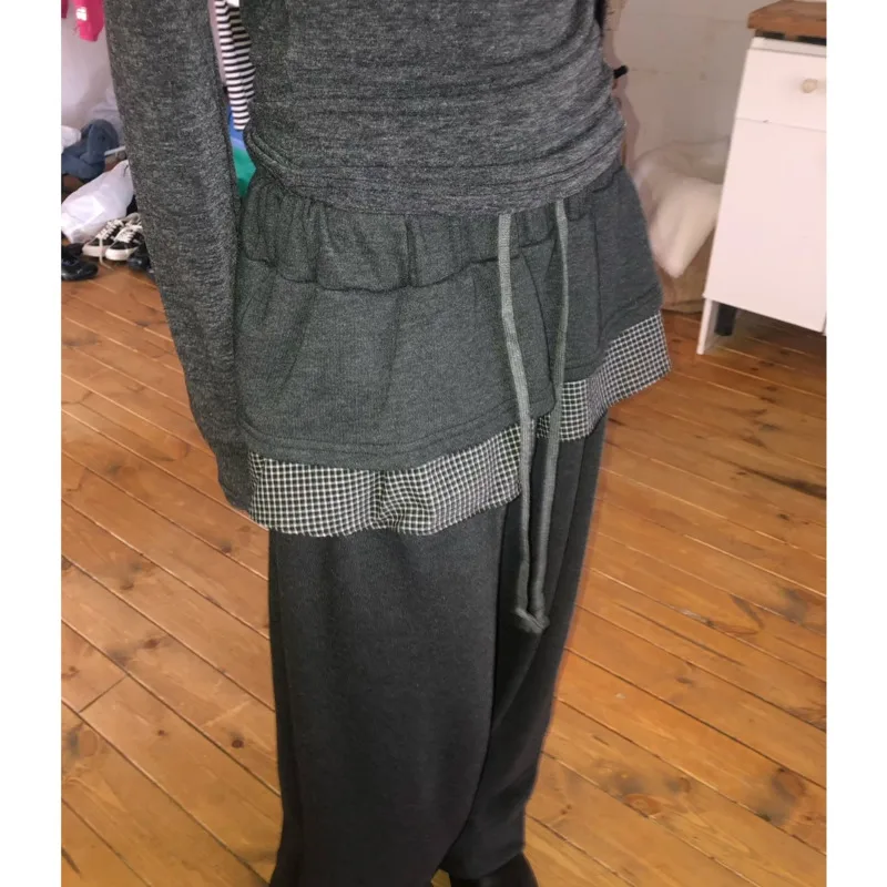 

Retro Plaid Skirt Lace Fake Two-Piece Sweatpants Women 2024 Autumn and Winter New South korea Casual Pants Sweat pants Trousers