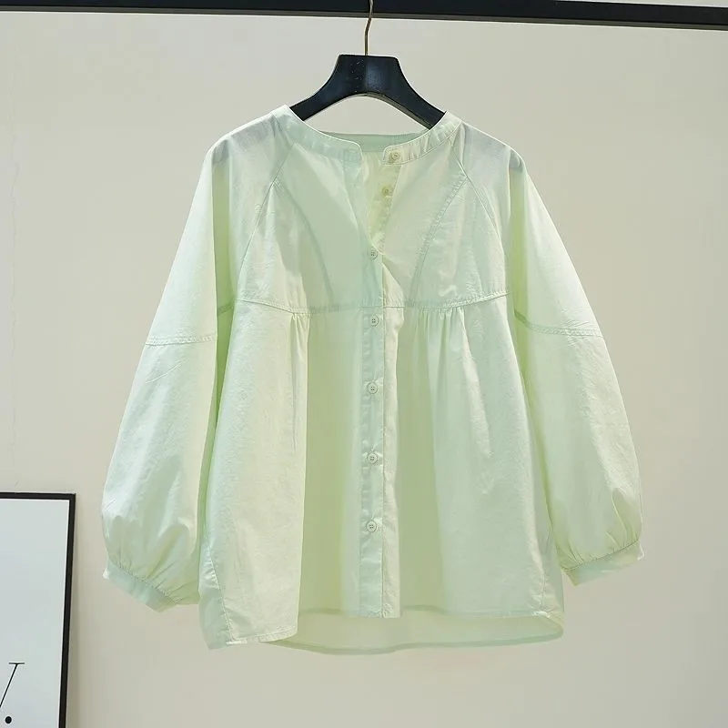 Loose Cotton Lantern Sleeve Shirt Women's round Neck Doll Shirt Light Green Spring Summer Casual Versatile Breathable Sun Pro...