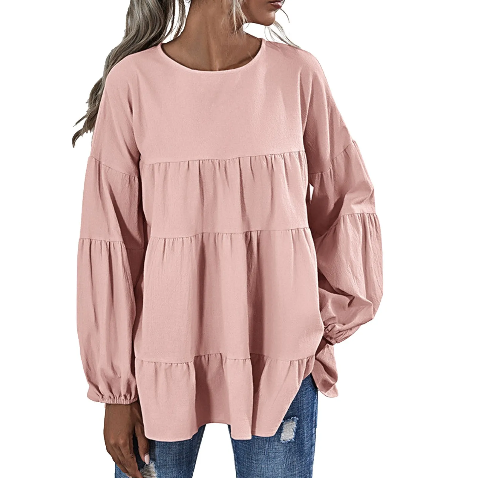 

Ruffle Short Puff Sleeve Blouse Top Fashion Cute Three-quarter Lantern Sleeve Crewneck Loose Babydoll Tops Shirt Blouse For Girl