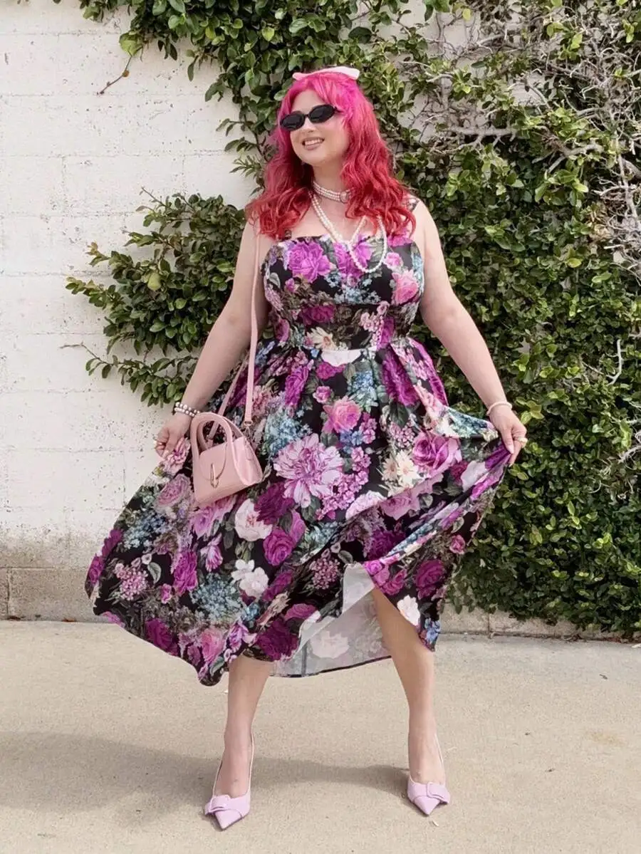 

Plus Size Summer Elegant Romantic Retro Floral Print Dress Beach Sundress Holiday Boho Outfit