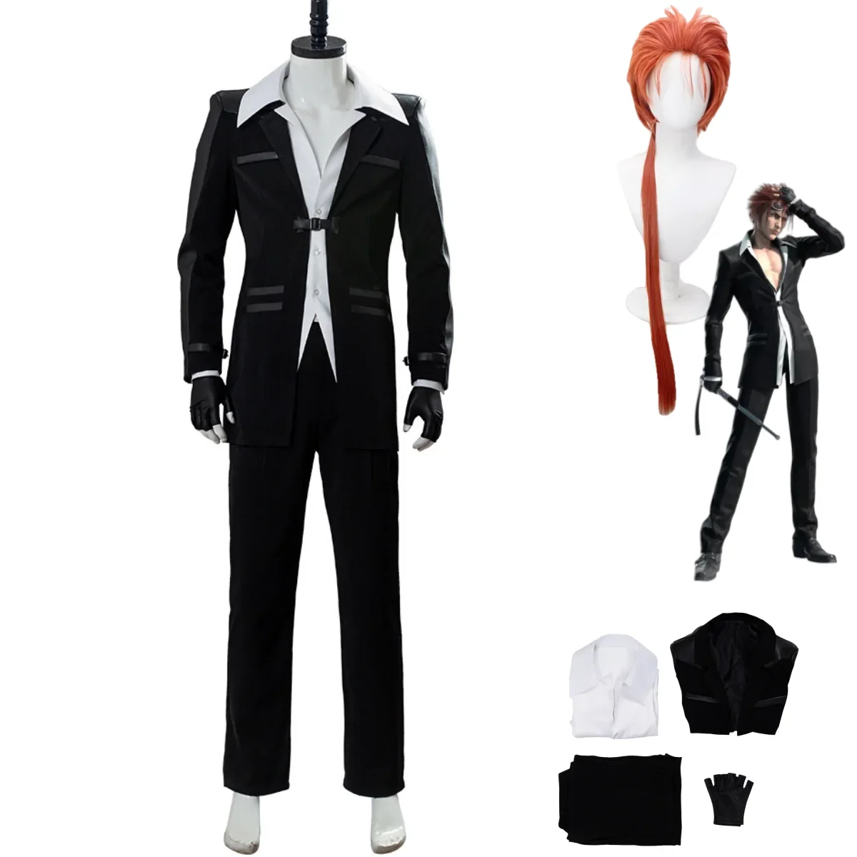 Anime Game Final Fantasy VII:Advent Children Reno Leno Cosplay Costume Wig Black Coat Shirt Uniform Man Carnival Halloween Suit