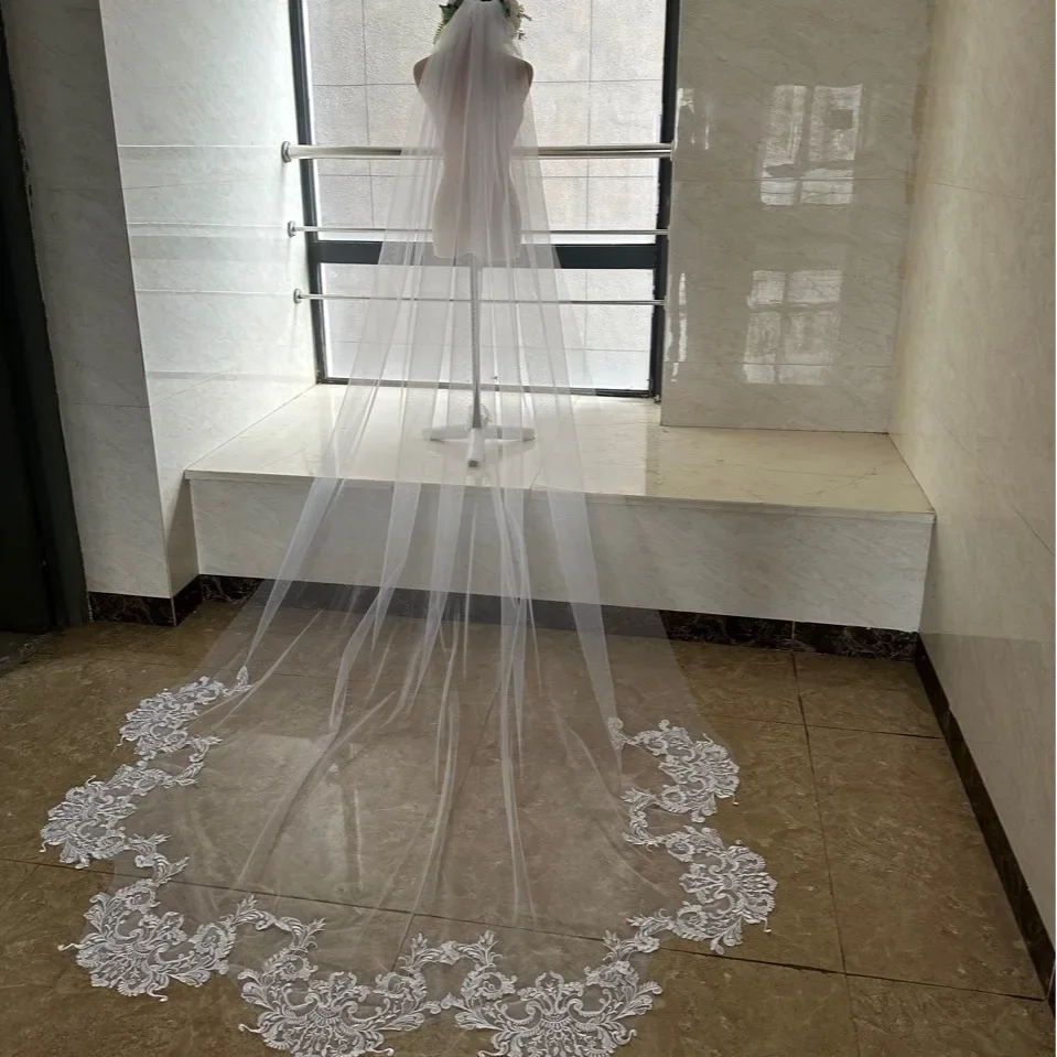 Long Lace Bridal Accessories Tulle Cathedral Veil White Off-White Ivory Wedding Veil