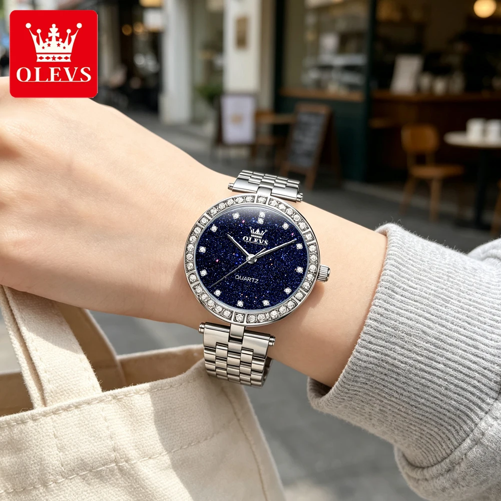 OLEVS Starry Sky Watch For Women Minimalist Casual Elegant Watch Stainless Steel Diamond Dial Waterproof Date Gift for She 3641