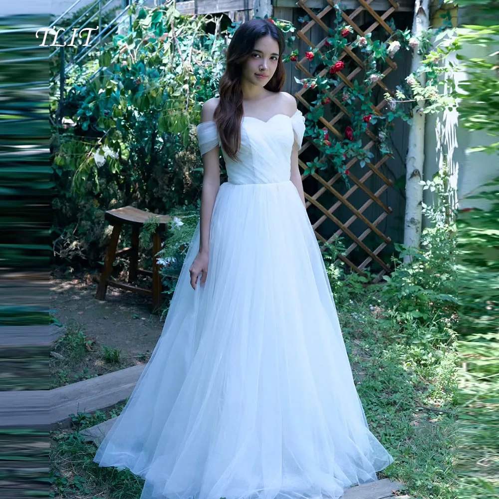 

TLIT Fairy White Tulle Evening Dresses Sweetheart Off Shoulder Shawl Party Dress Korea Wedding Dresses Photos Shoot Customized