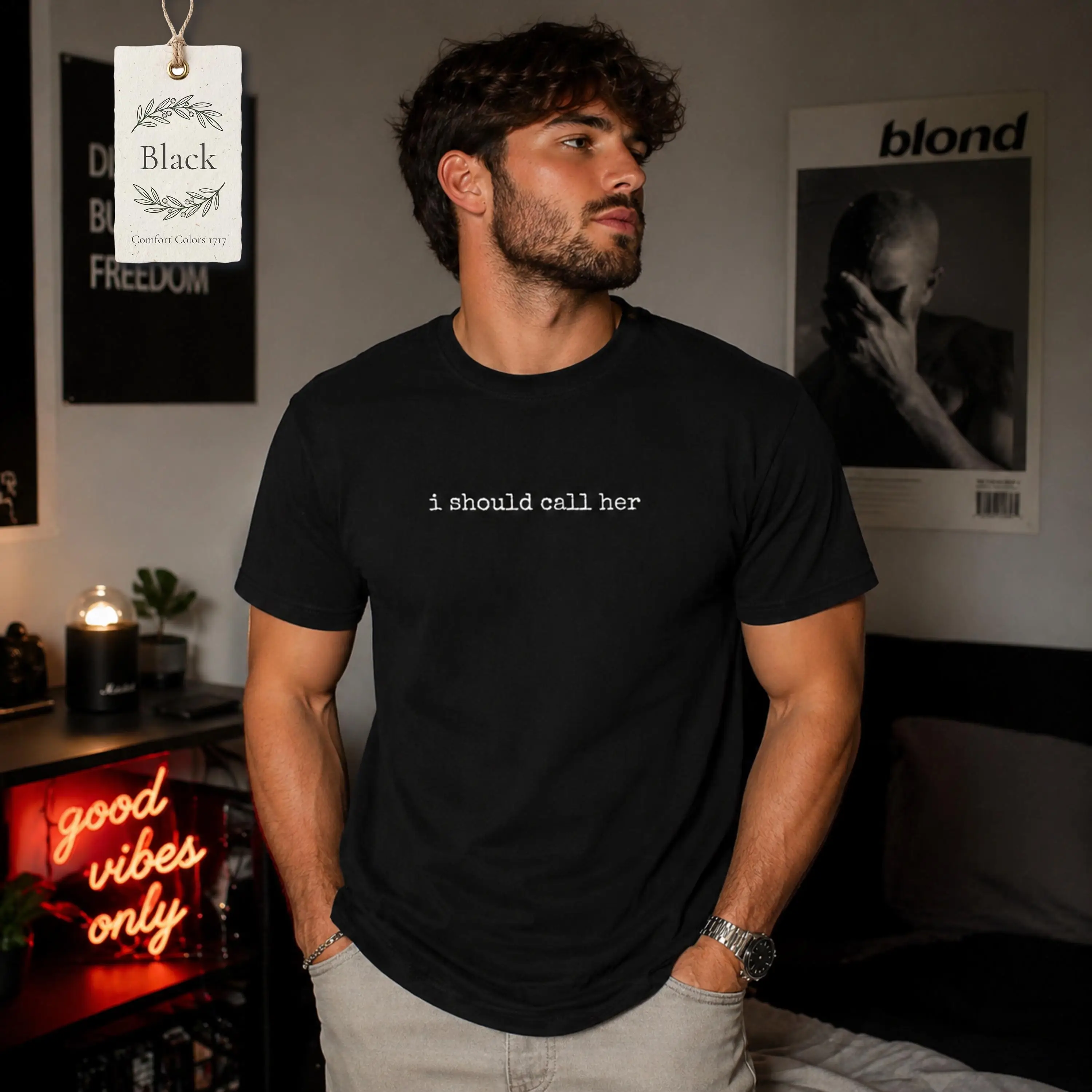 I Should Call Her Shirt, Funny Male Text Tee, Minimalist Comfort Colors T-Shirt, Sad Boy Humor, Relationship Meme, Gift for Him