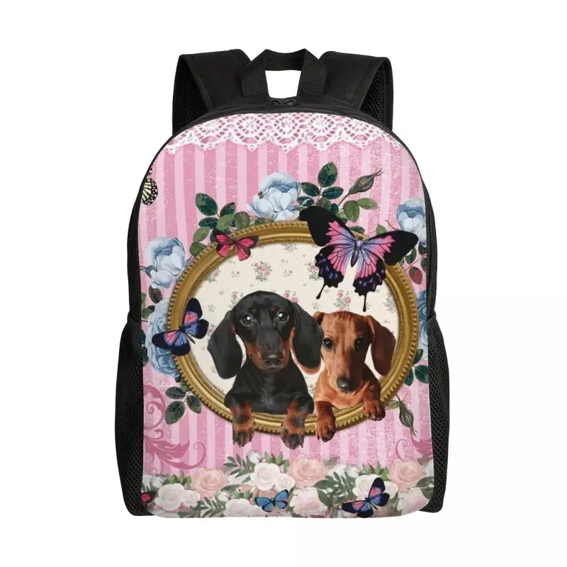 Maßge schneiderte Dackel Hund und Schmetterling Rucksack Dachs Wiener Wurst College School Reisetaschen Bücher tasche passt 15 Zoll Laptop