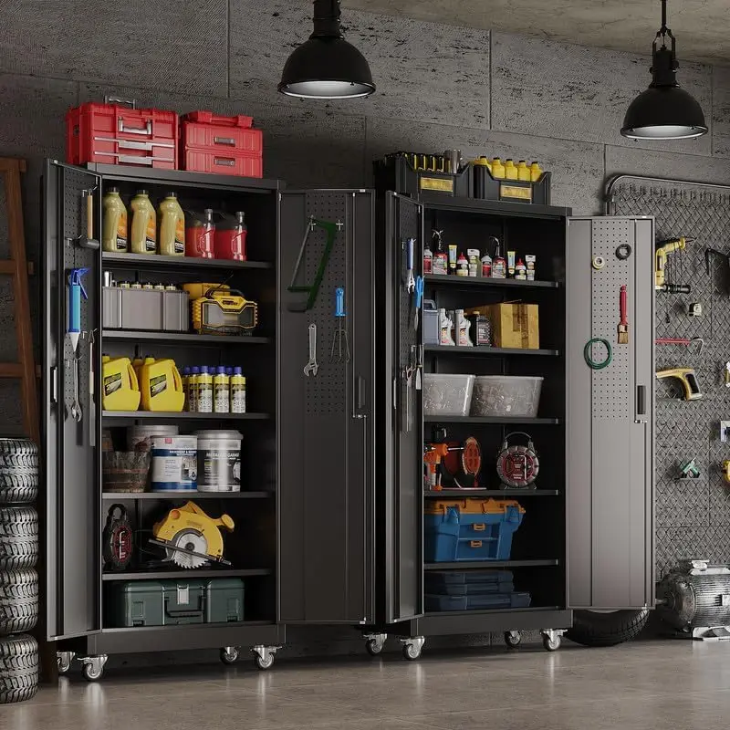 Metal Garage Storage Cabinet With Wheels And Pegboard Doors, Heavy Duty Rolling Organizer Rack For Workshop And Office, Lockable Freestanding Utility Shelving Unit, Modern Style, Black, 1 Piece