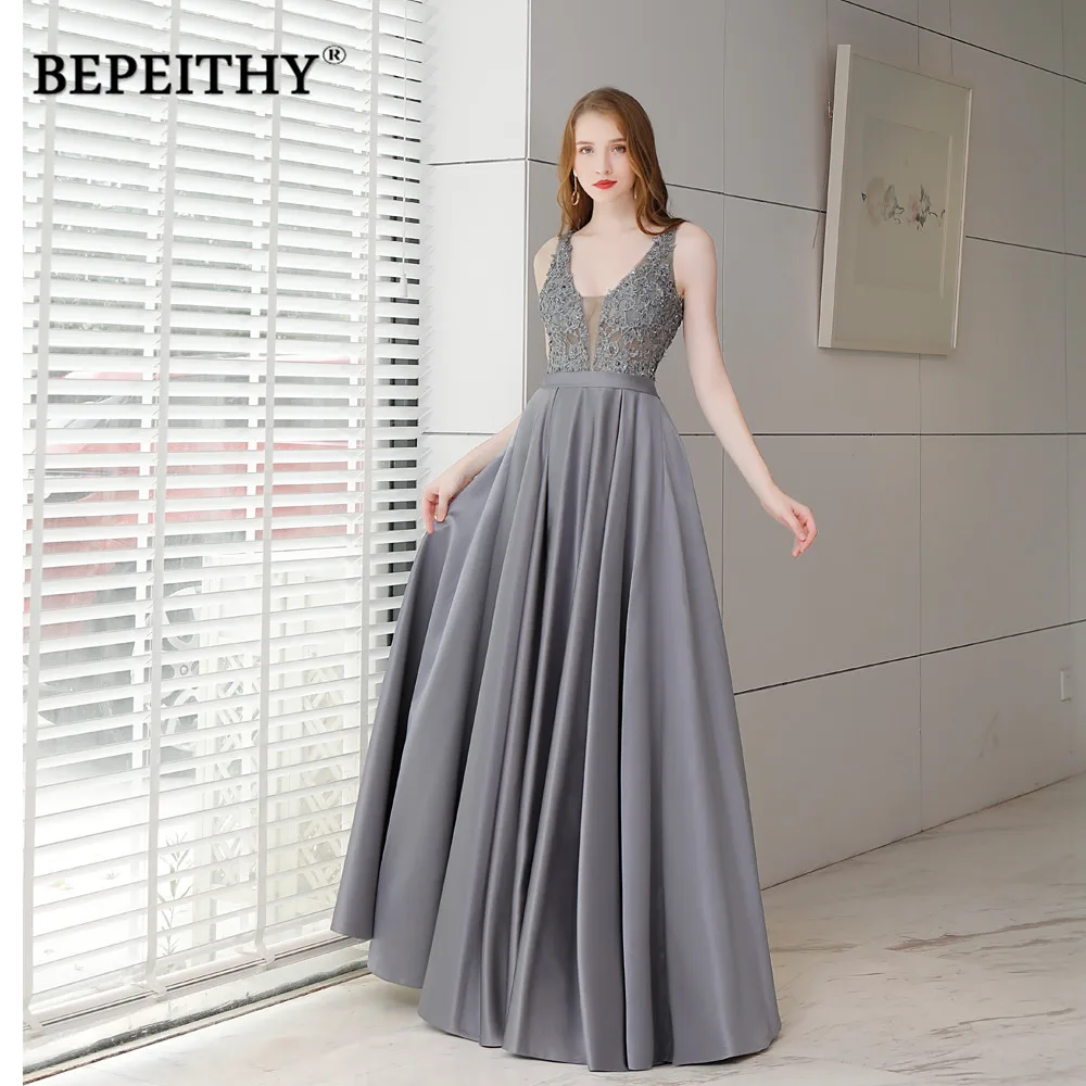 BEPEITHY Customized V Neck Lace Appliqués Party Dress Sexy Open Back Evening Dresses Floor Length Robe A-line Vestido De Noche