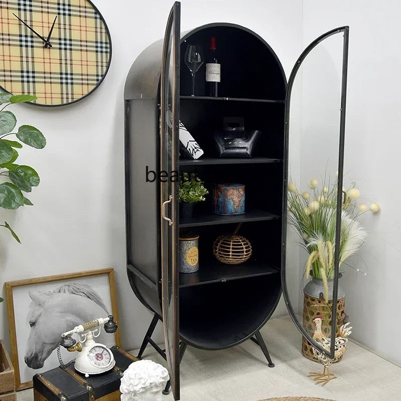 

46retro arched industrial wind wrought iron double open glass black locker floor-to-ceiling living room wall storage wine cabine
