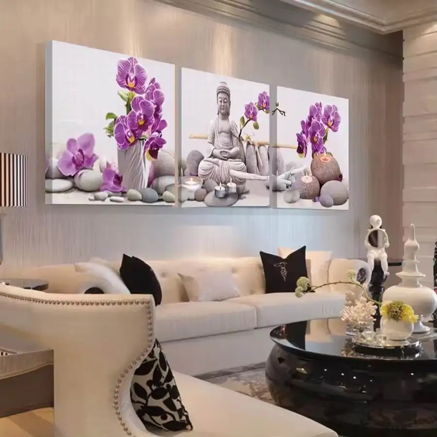 

3 Pieces Set Buddha And Purple Flowers Picture Diy Diamond Painting Triptych Buddhist Icon Full Drill Mosaic Embroidery Kits