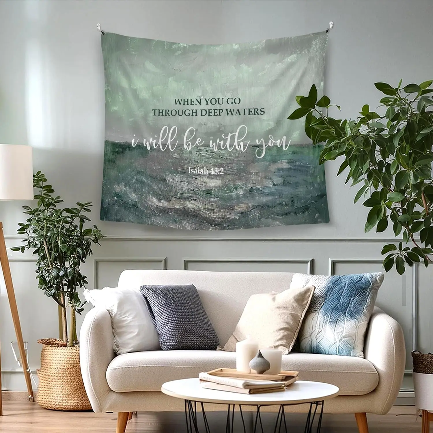 Christian Scripture Tapestry Wall Hanging Deep Waters Quote Isaiah 43:2 Inspirational Religious Polyester Home Decor Gift