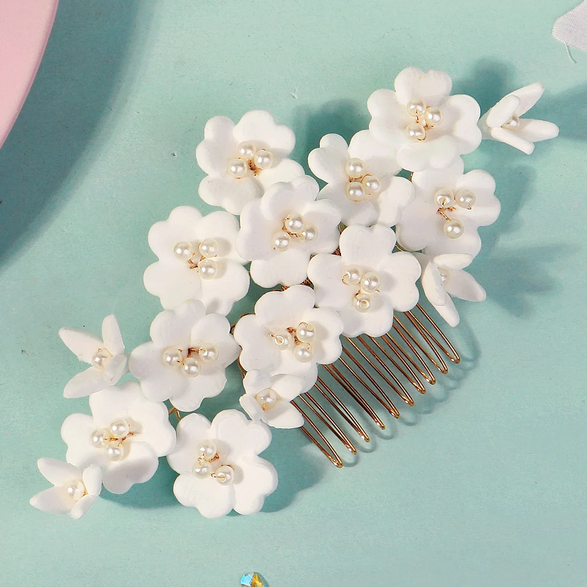 Elegante weiße Polymer Clay Blumen Damen Haarkämme Mode Kristall Perle Haarnadeln Braut Hochzeit Kopfschmuck Schmuck – Detail 22