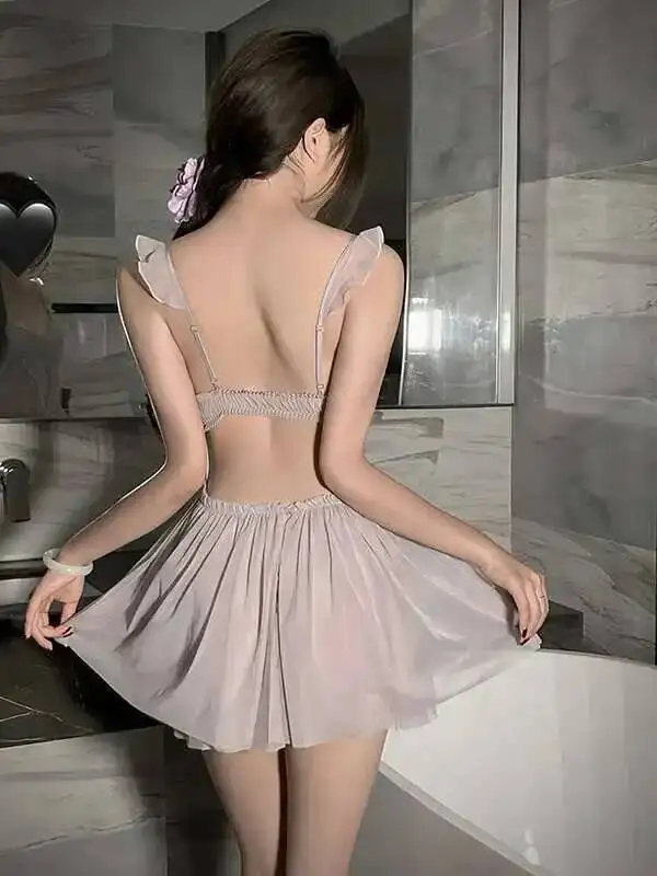 Nuovo puro desiderio cinturino sexy casa camicia da notte farfalla di pizzo sottile maglia trasparente abito corto senza schienale elegante abito dolce viola ZRK8