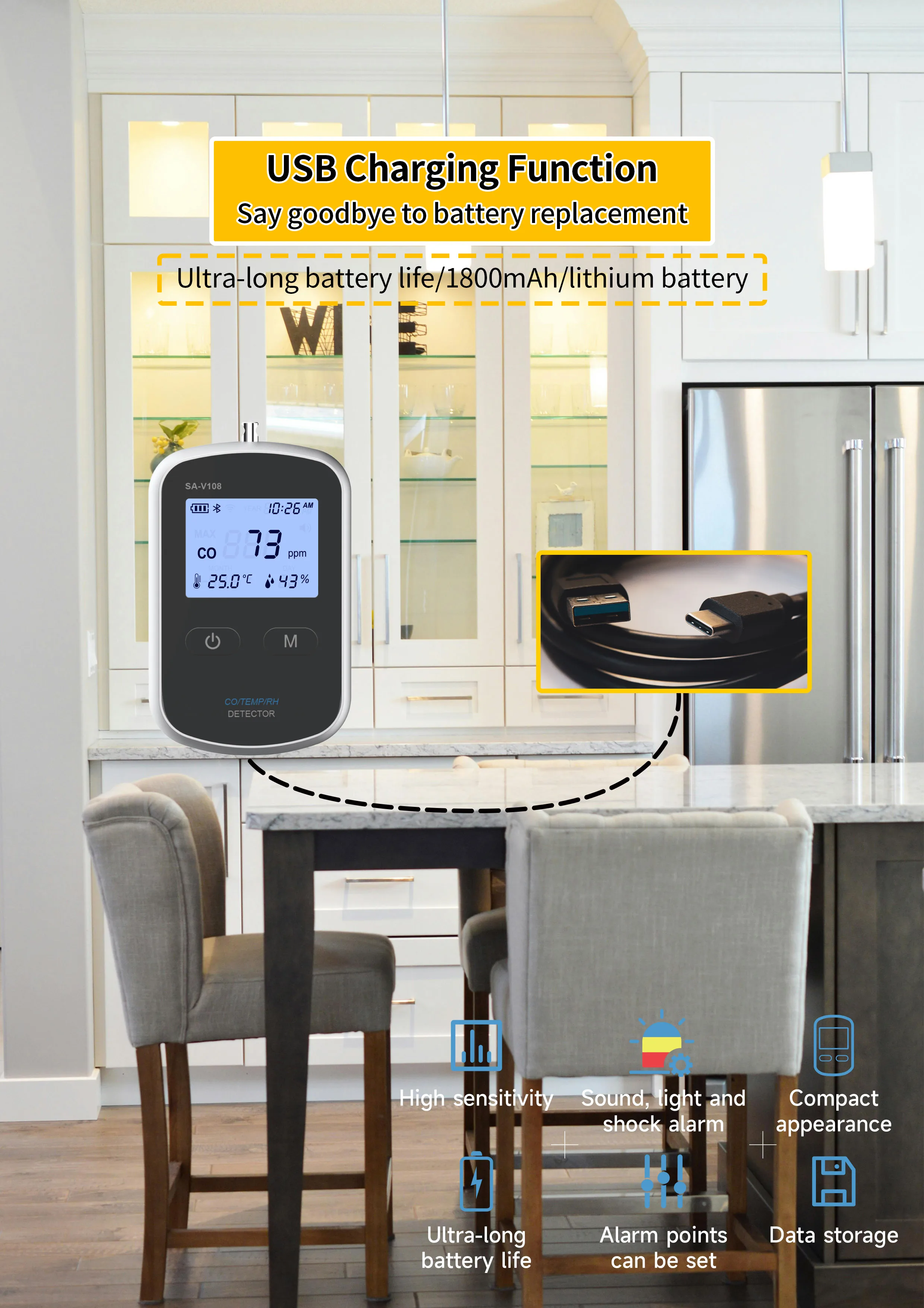 Smart CO Alarm with APP Alerts,  CO/Temperature/Humidity Sensor CO Alarm/Detector for Home RV Boat